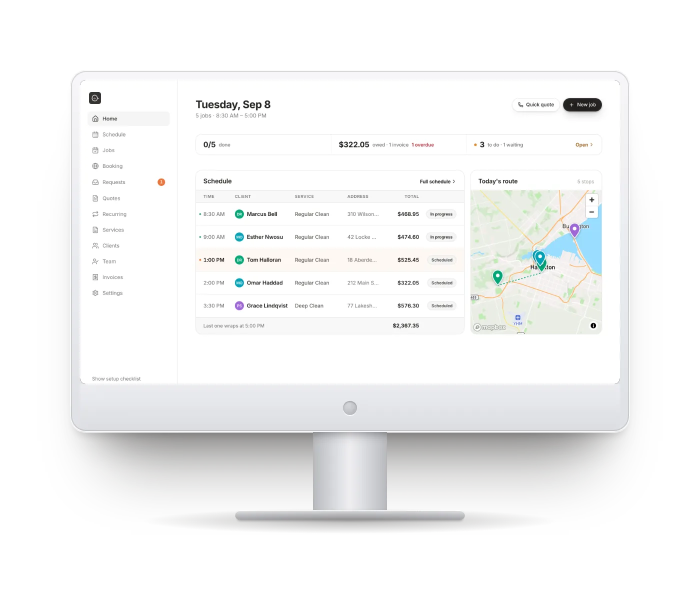 The Service Puffin dashboard on a desktop: today’s schedule, the money owed and the route