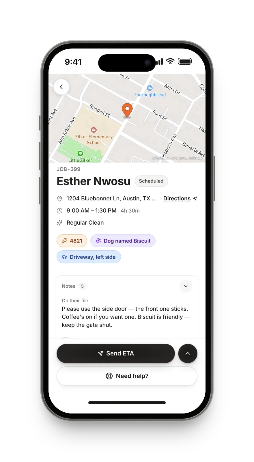 A cleaner’s job sheet: the map, the door code and dog tags, the checklist and the Send ETA button