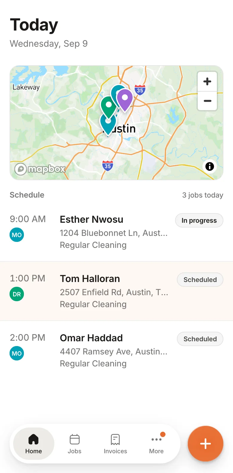 The owner’s Today screen: the route map and the day’s visits