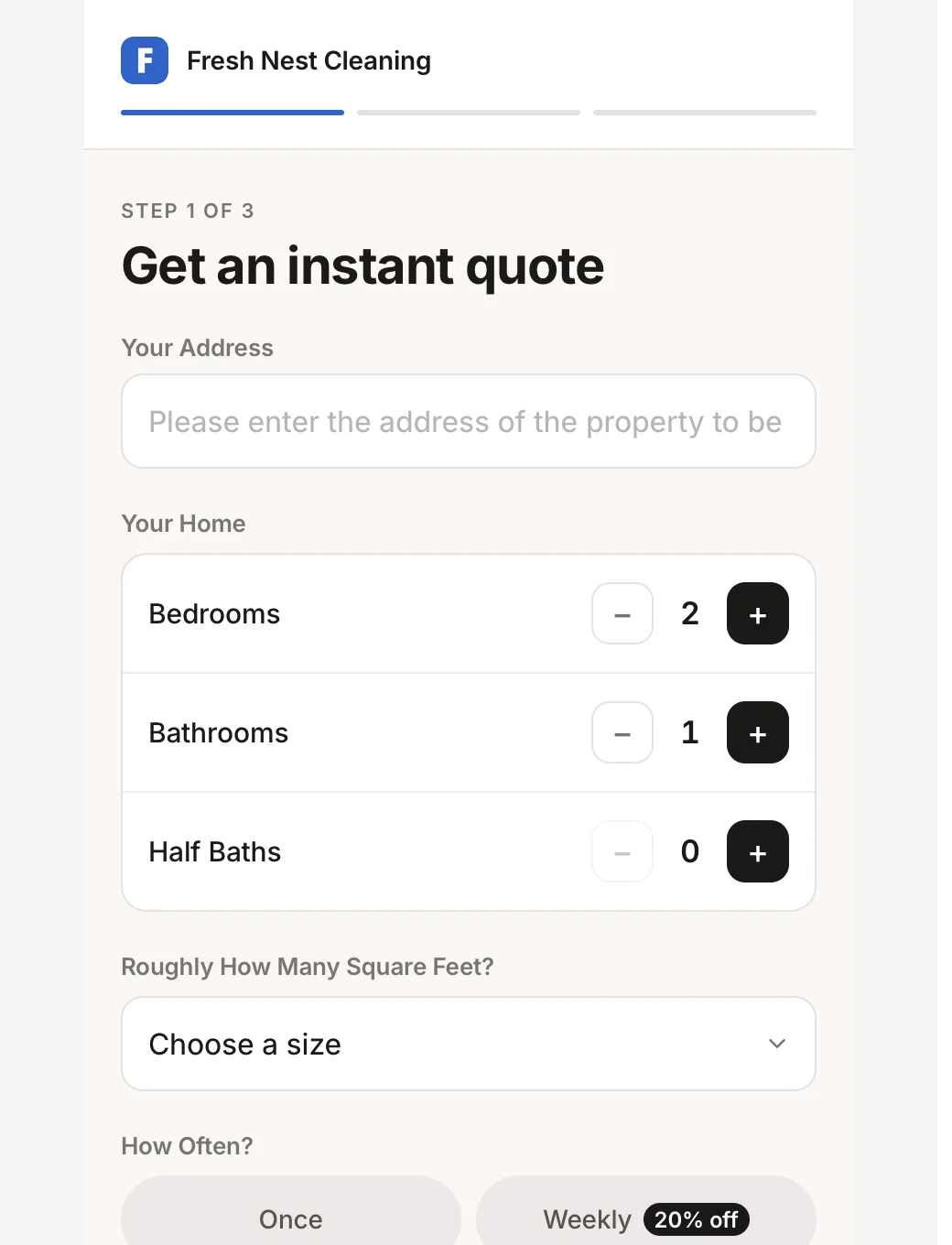 Fresh Nest Cleaning's booking page: get an instant quote, your address, how many rooms.